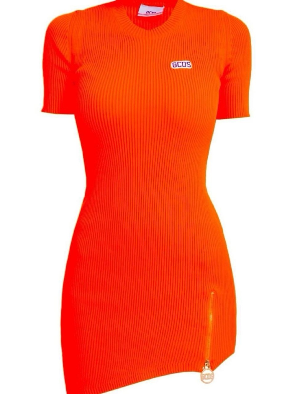 GCDS orange ribbed knit asymmetrical mini dress with zipper